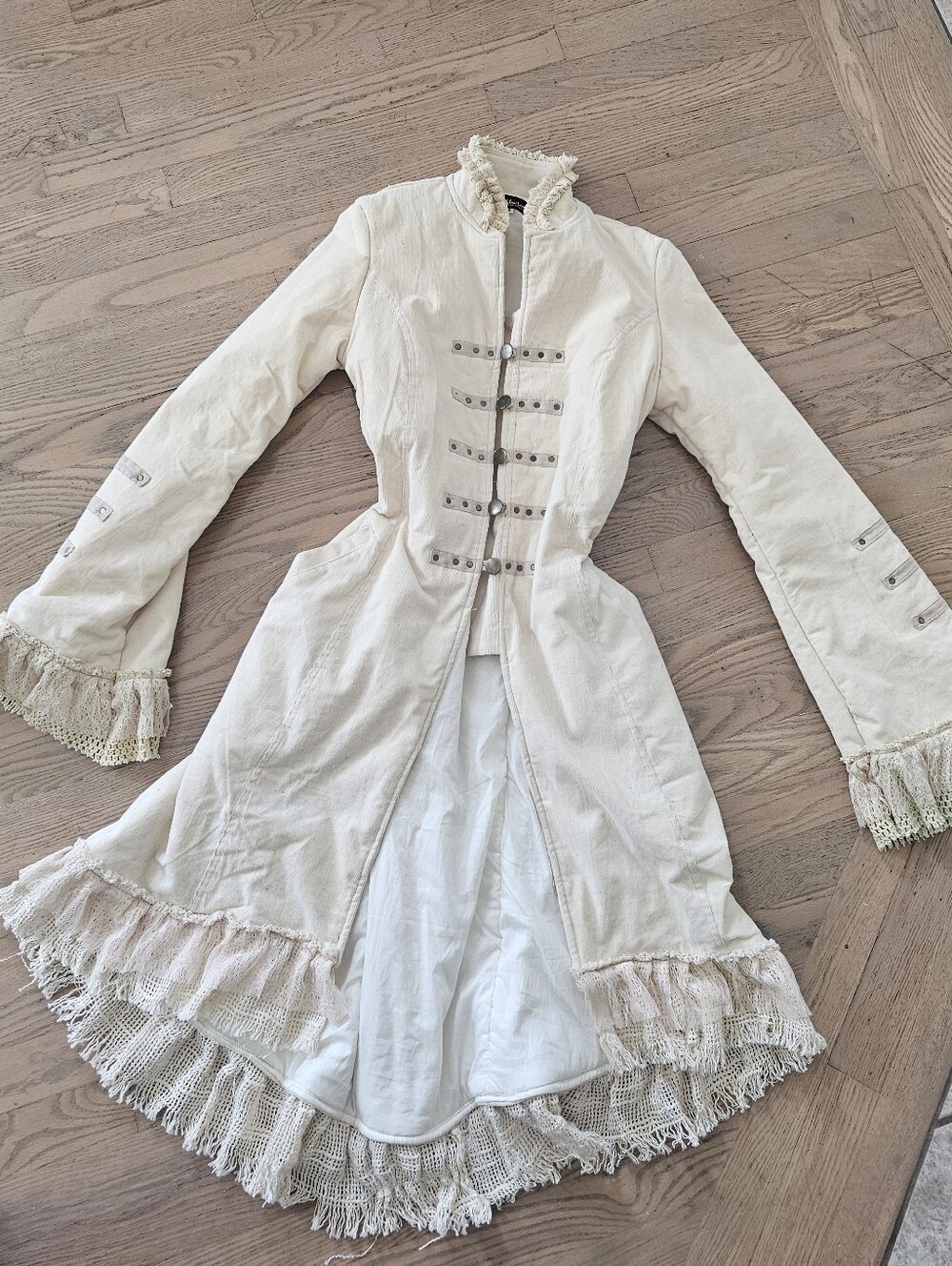 Kalbelia Ivory 100% Cotton Lace-Trim Military Style Women's Dress Coat Size S